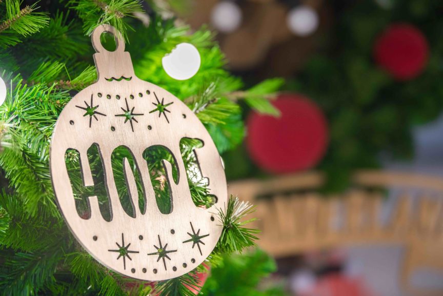 Christmas ornament with the word hope on it